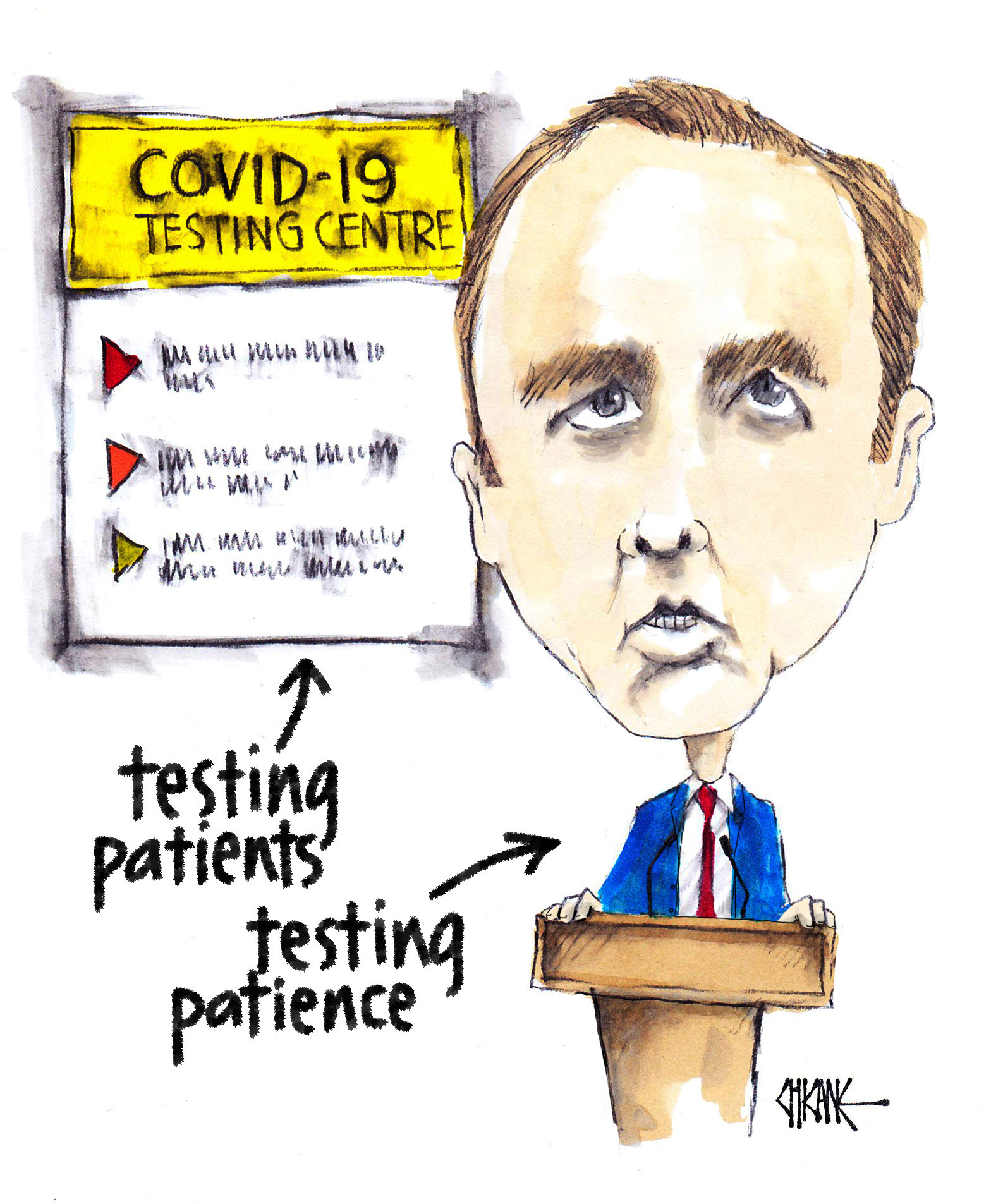 Matt Hancock testing patients and patience cartoon by Chicane