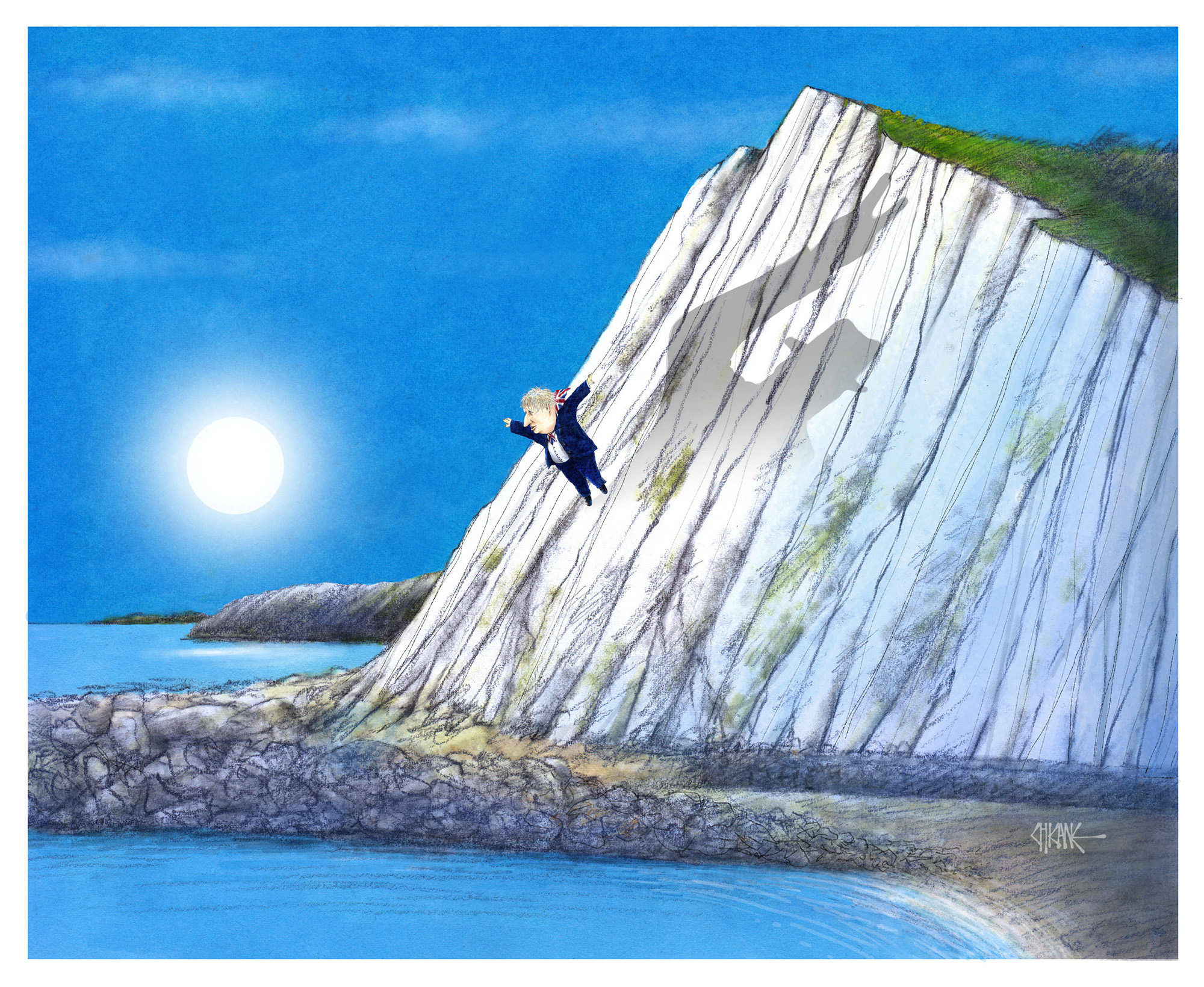 Boris Johnson jumping off a cliff in Dover attempting to emulate Winston Churchill Cartoon by Chicane