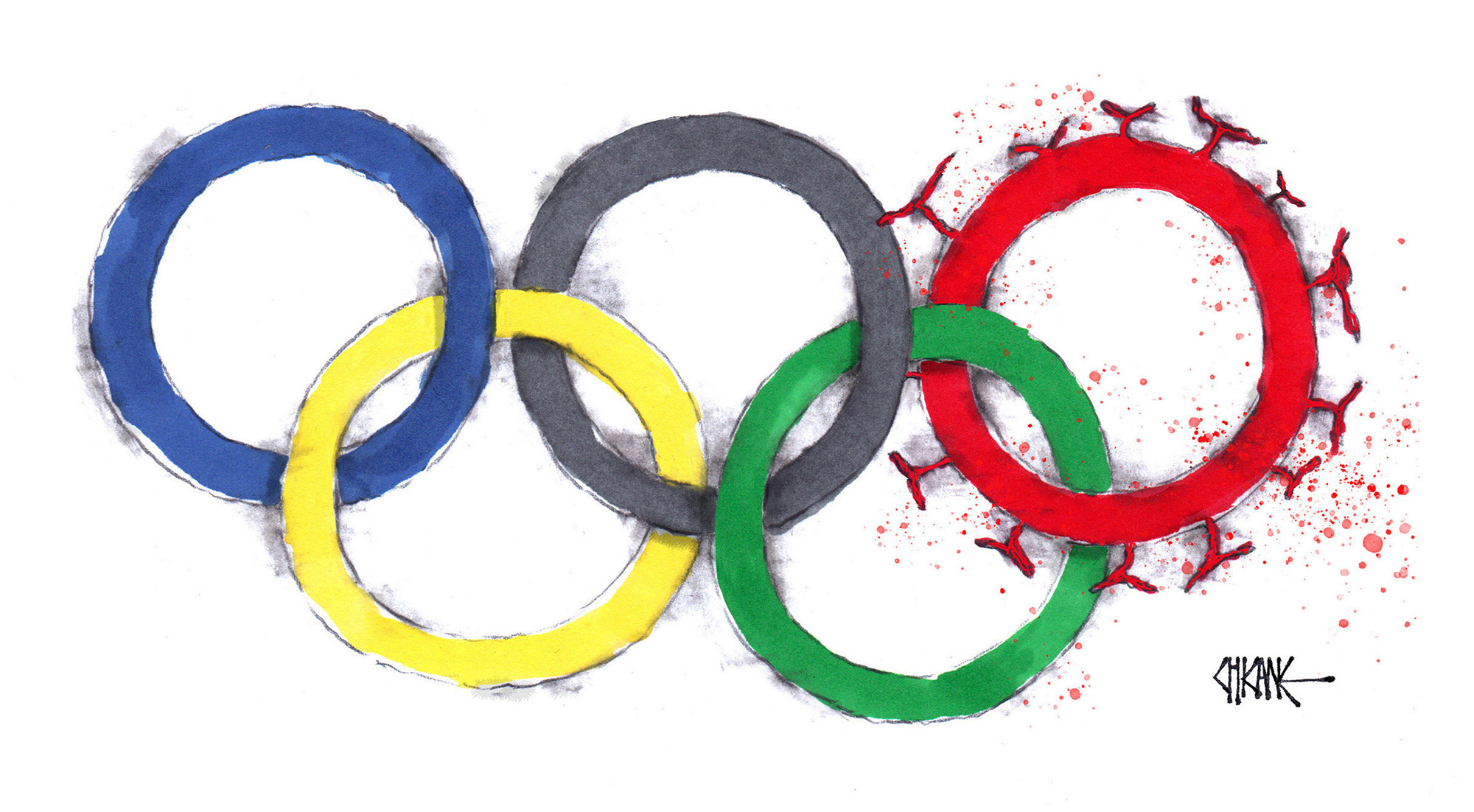 Olympics logo with Covid cartoon by Chicane