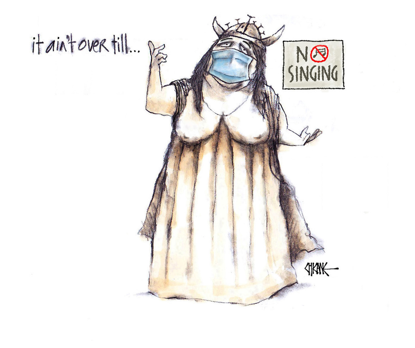 Fat lady sings with mask on cartoon by Chicane