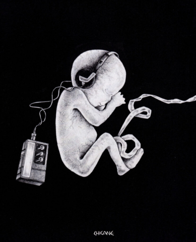 Foetus with a Walkman. Cartoon by Chicane