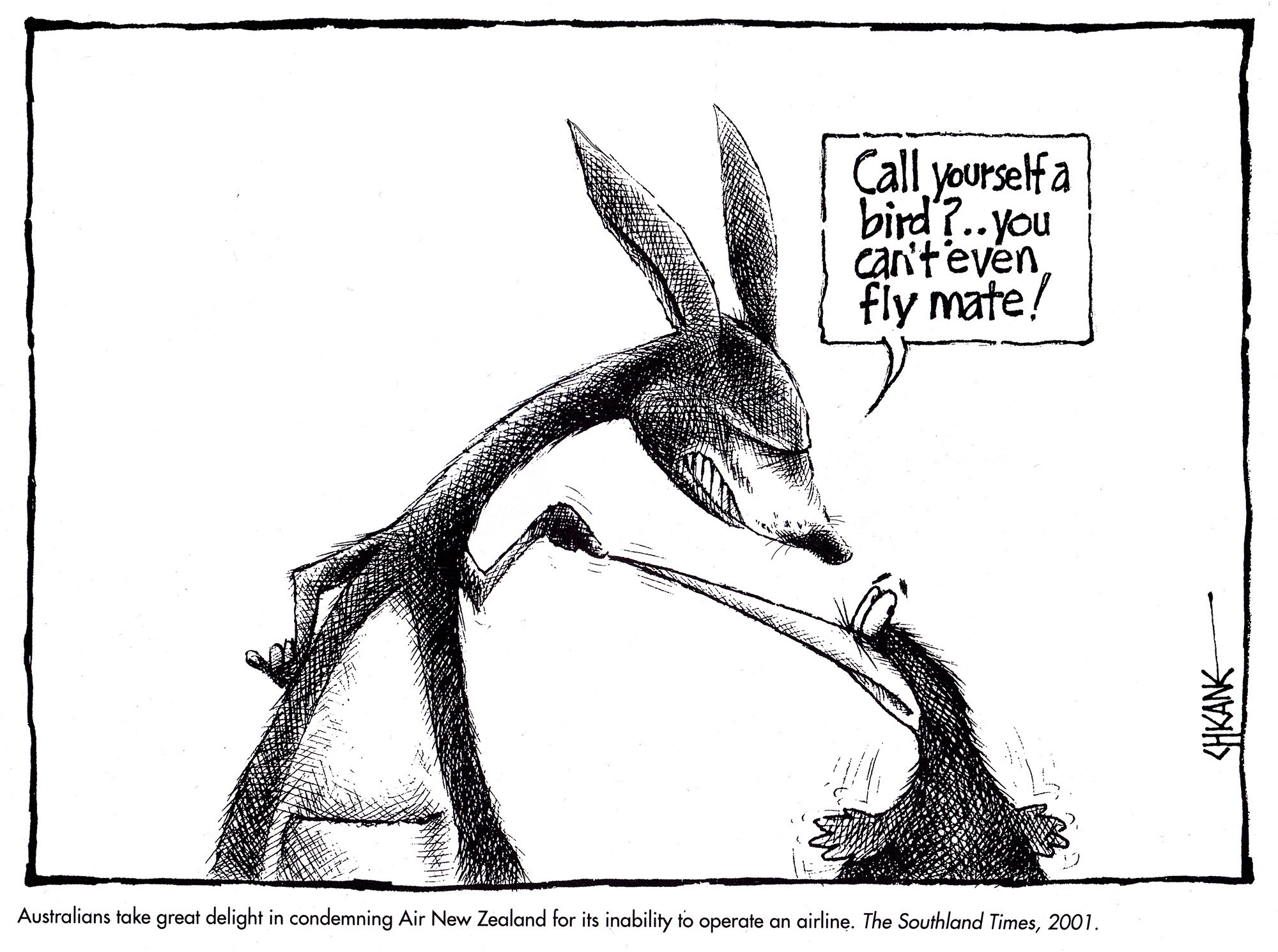 Kangaroo and Kiwi cartoon about Air New Zealand. Cartoon by Chicane