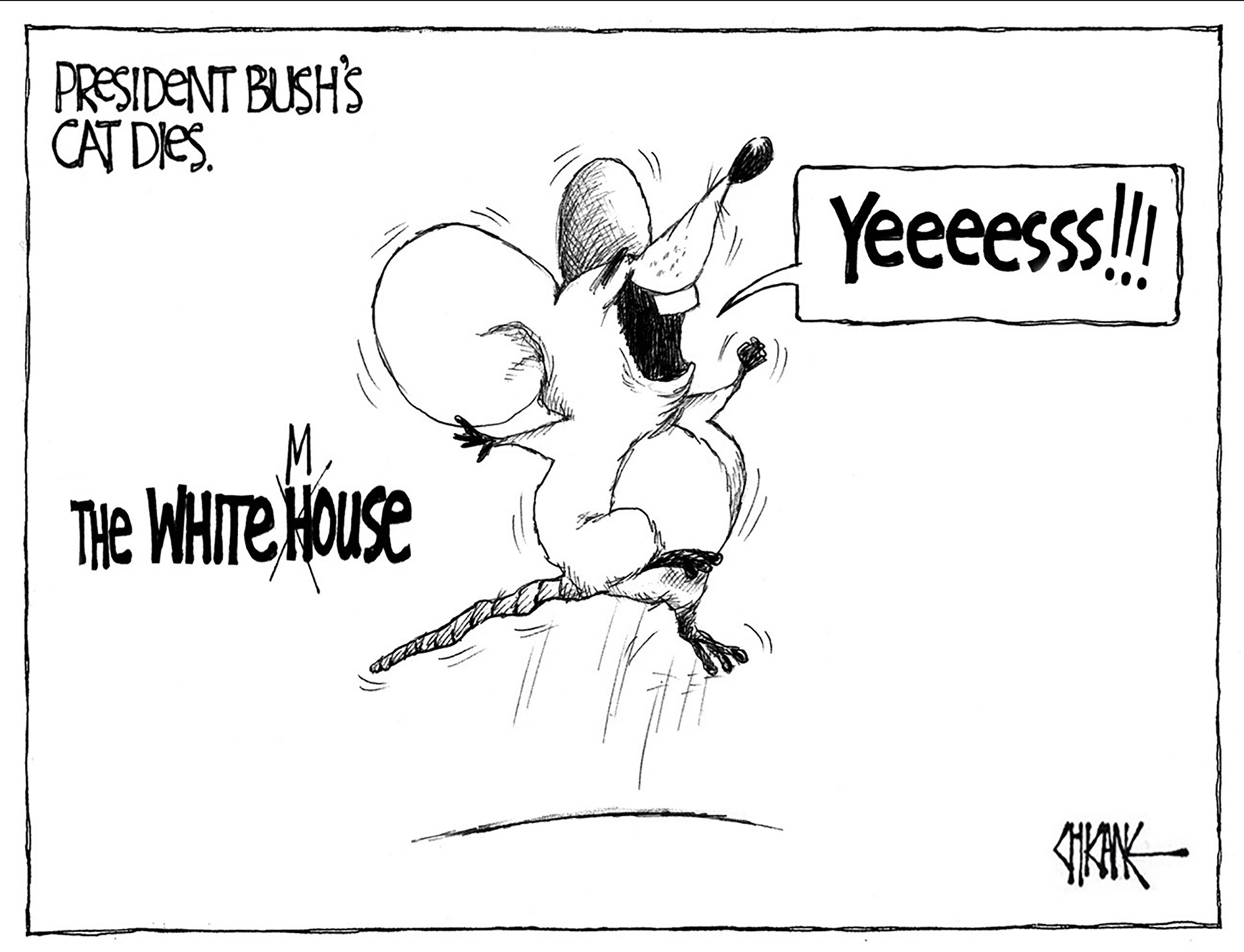 President Bush's cat dies. Cartoon by Chicane.