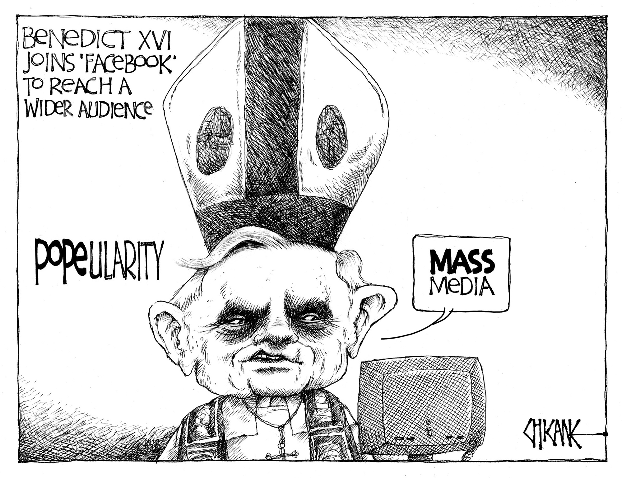 The Pope joins Facebook. Cartoon by Chicane