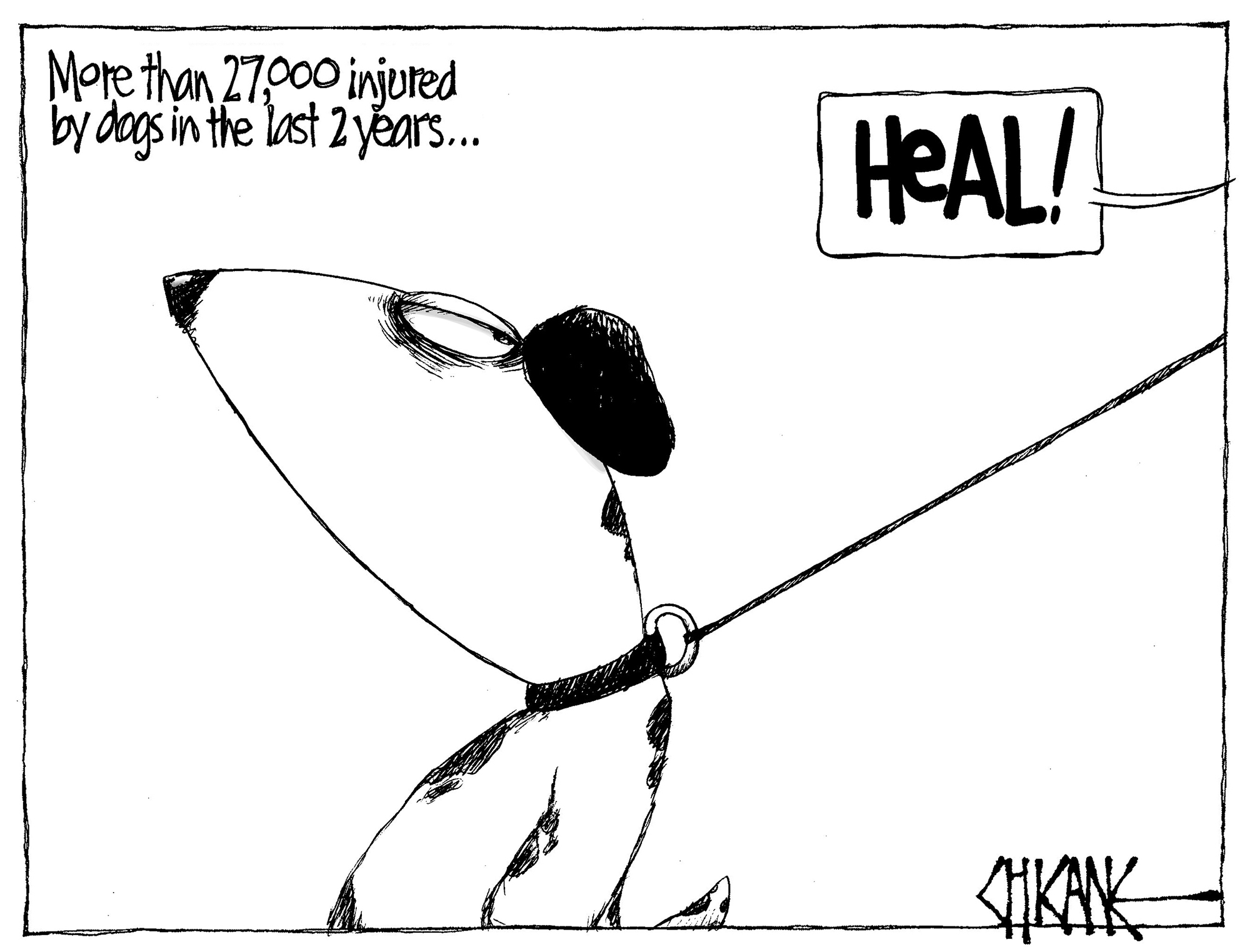More than 27,000 injured by dogs in the last two years, cartoon dog. Cartoon by Chicane.