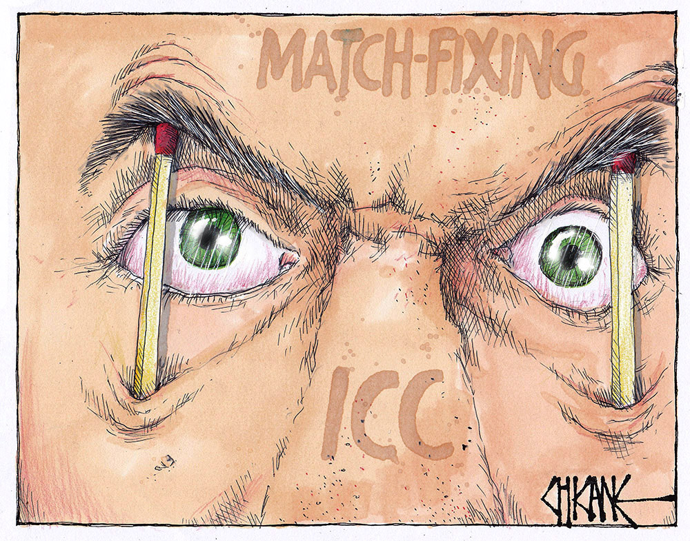 Match fixing by the ICC. Cricket cartoon. Match sticks holding open eye. Cartoon by Chicane.s