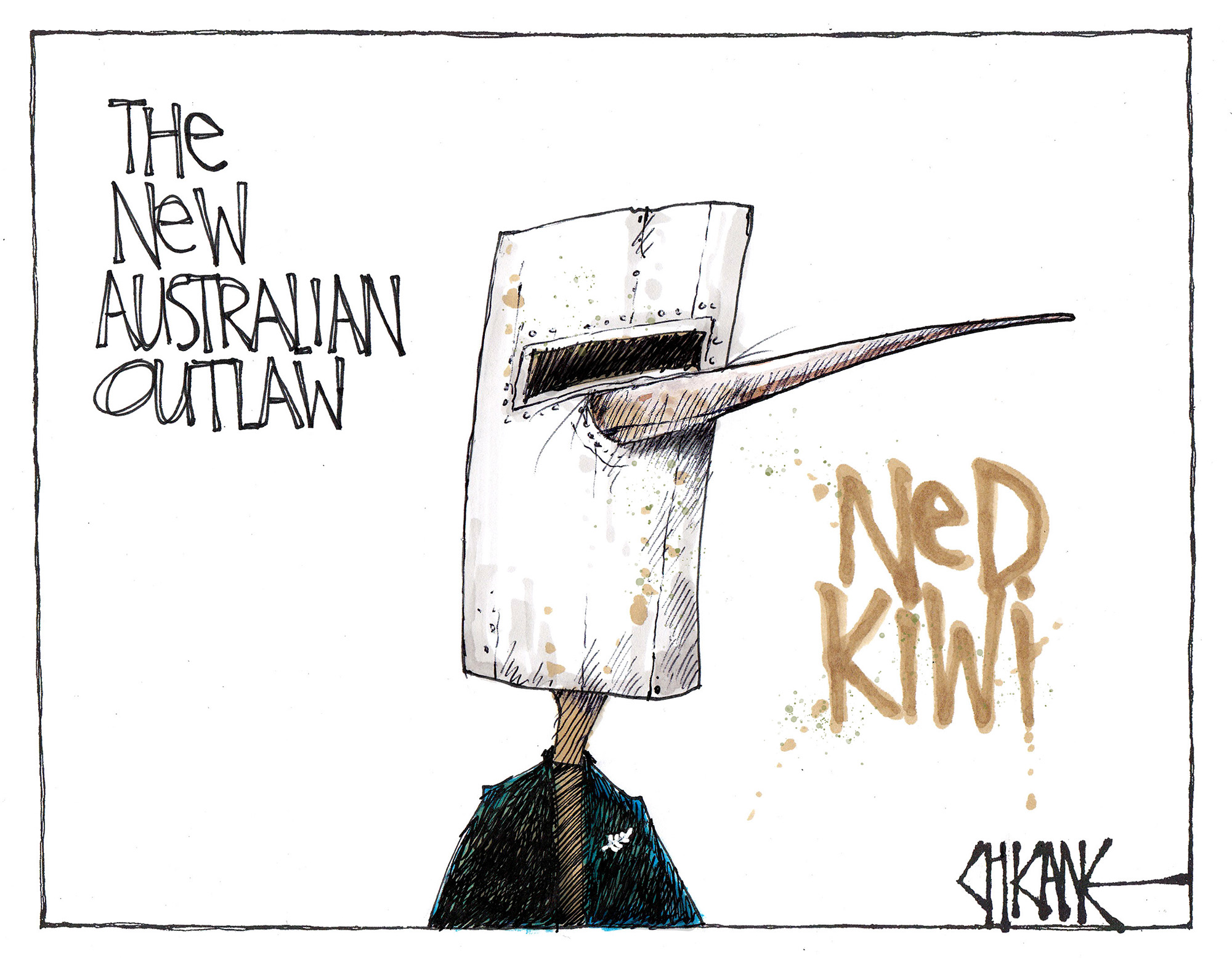 The New Australian Outlaw, Ned Kiwi. Cartoon by Chicane.
