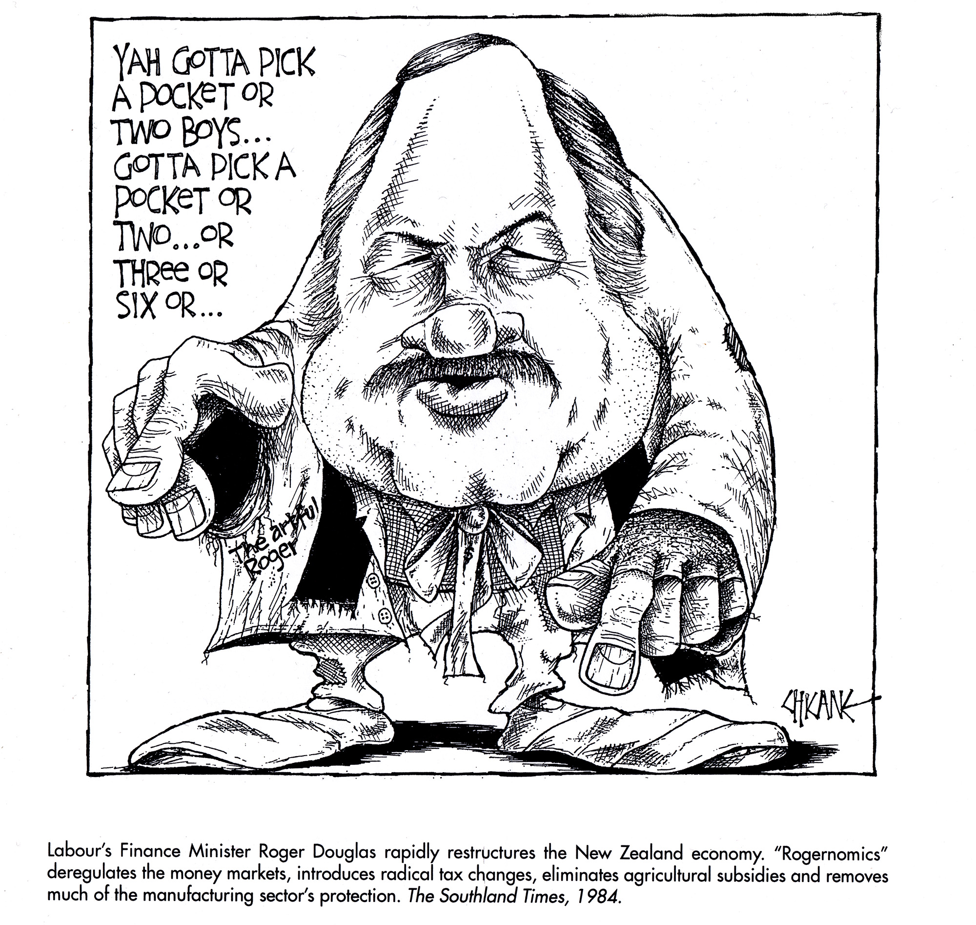 Roger Douglas as the Artful Dodger. Cartoon by Chicane
