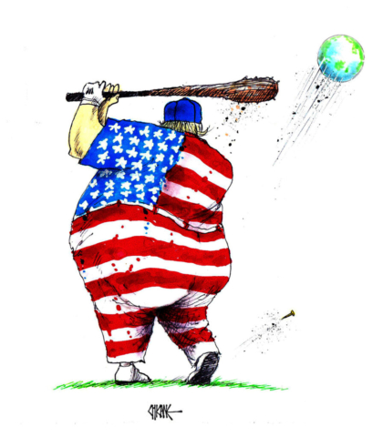 Donald Trump playing golf with a club and the plant earth as a ball. Cartoon by Chicane