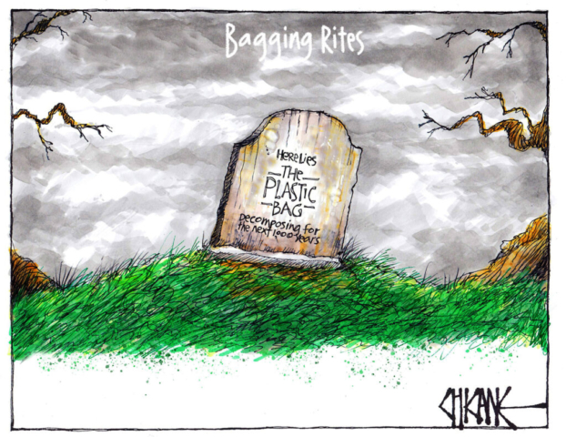 Bagging Rites. A headstone reads "Here lies The Plastic Bag, decomposing for the next 1,000 years" Cartoon by Chicane