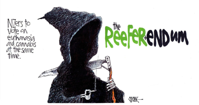 New Zealanders to vote on euthanasia and cannabis at the same time. The Reefer+endum. The Grim Reaper smokes a join. Cartoon by Chicane.