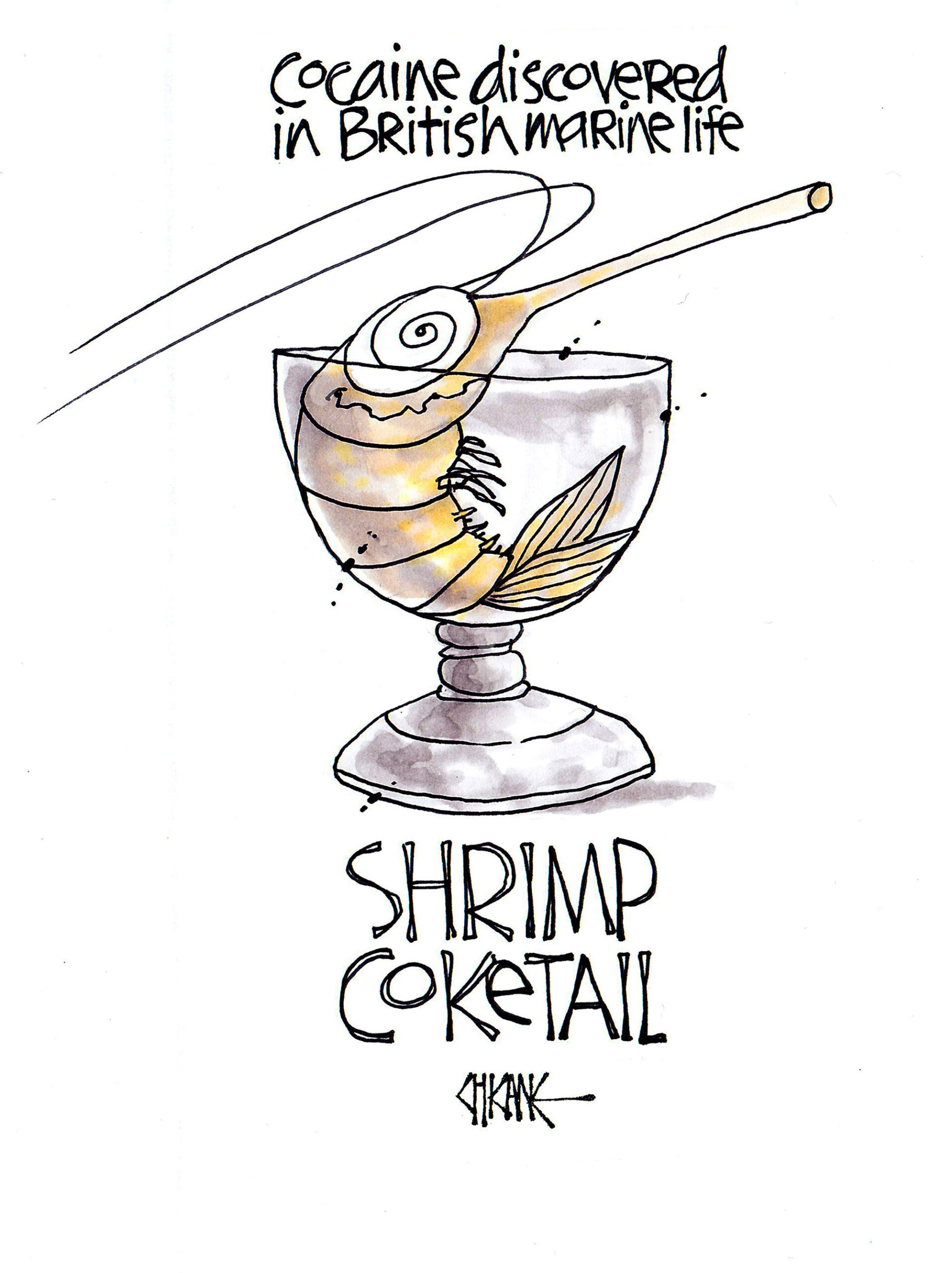 Cocaine discovered in British marine life. Shrimp Coketail drawing. Cartoon by Chicane.