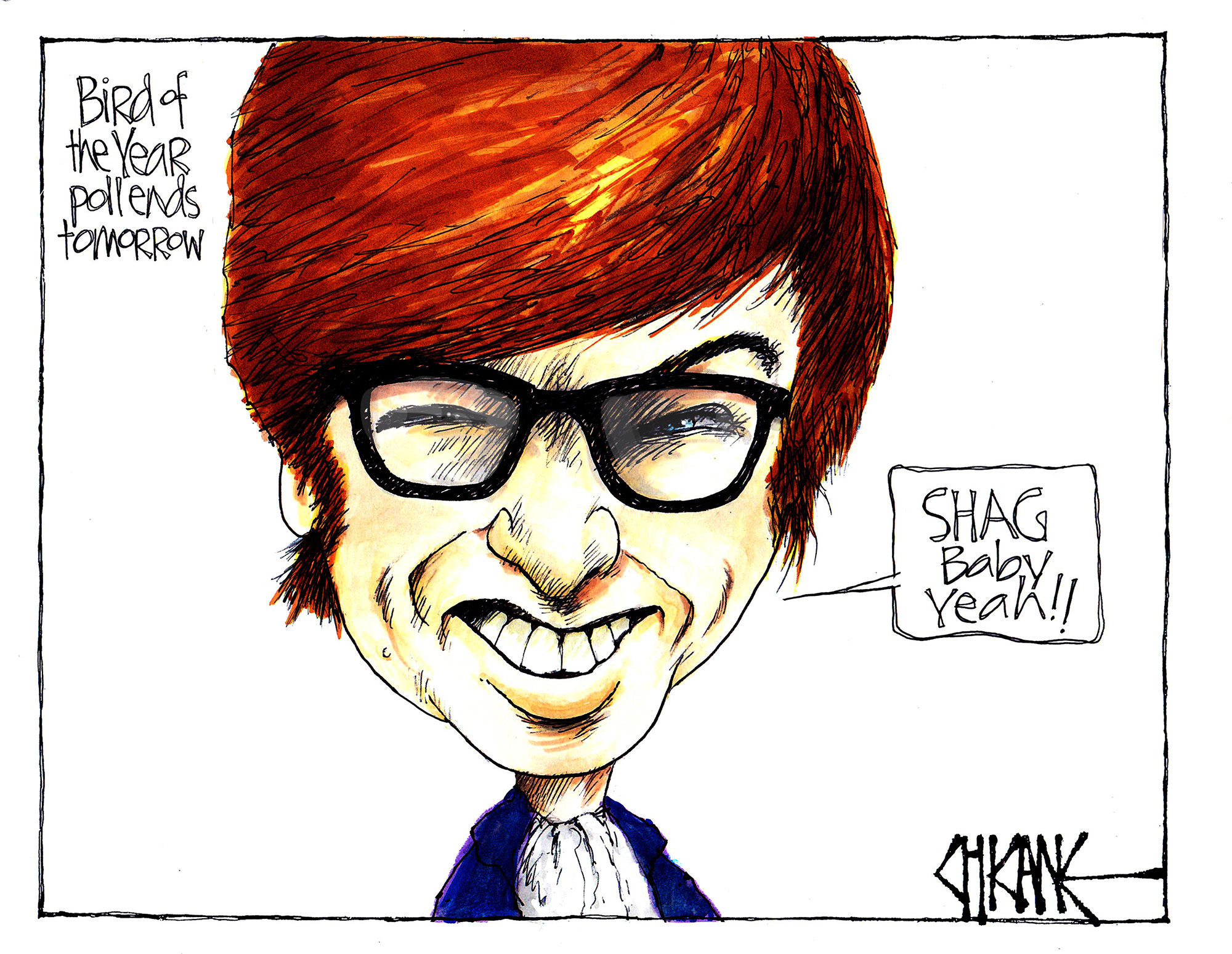 The New Zealand Bird of The Year poll ends tomorrow. Austin Powers says "Shag baby, yeah". Cartoon by Chicane