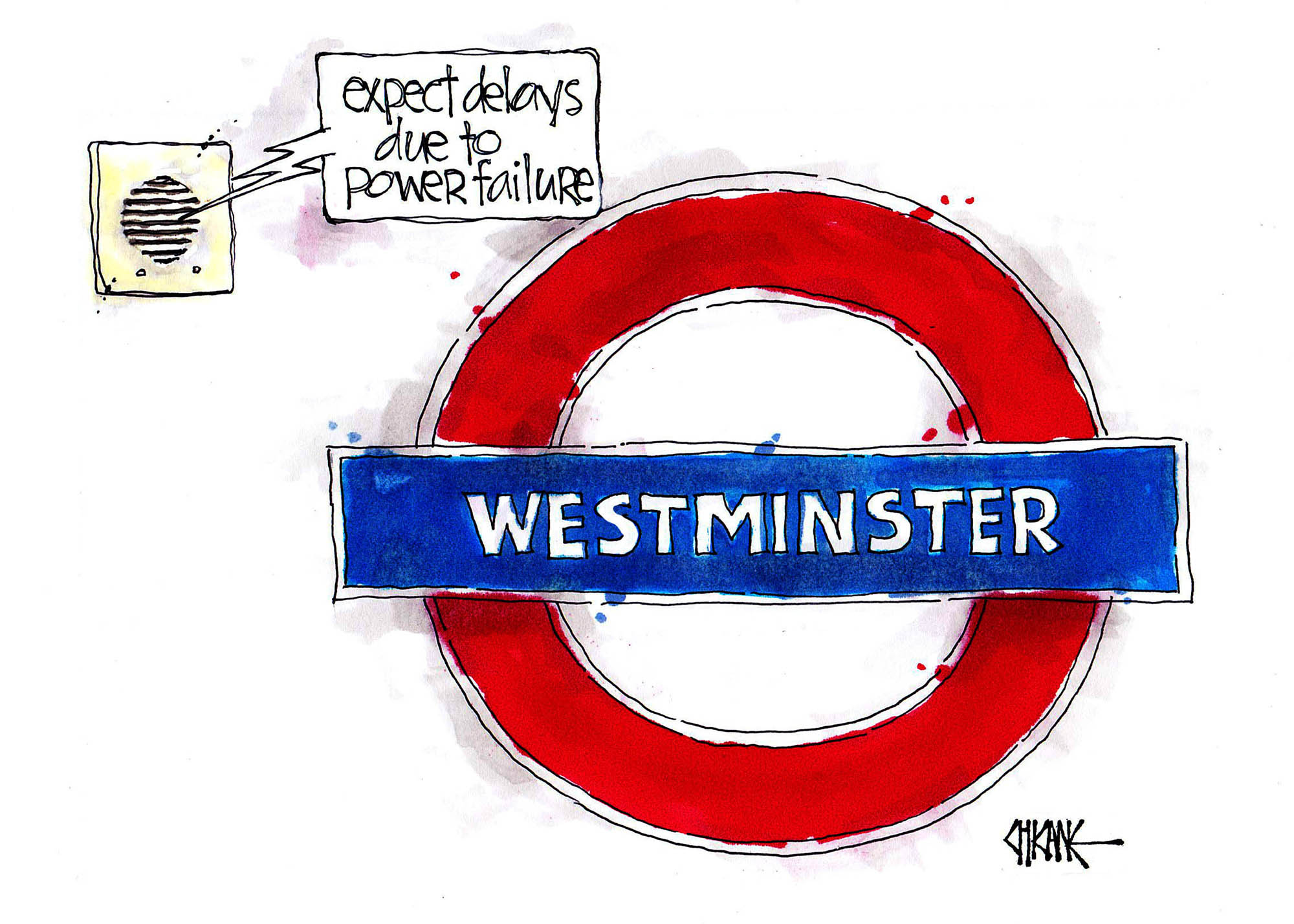 Westminster tube station sign. Expect delays due to power failure. Cartoon by Chicane.