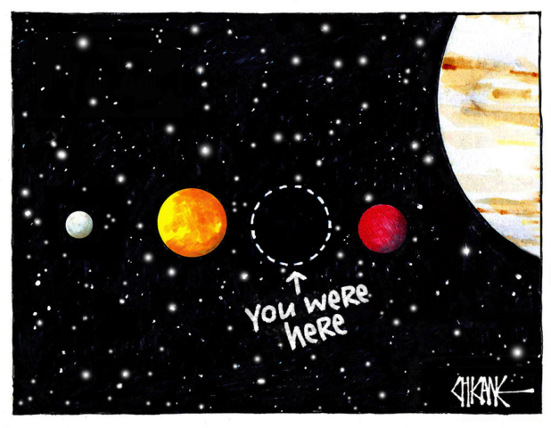 Map of the solar system with "you were here" text pointing to Earth's location. Cartoon by Chicane