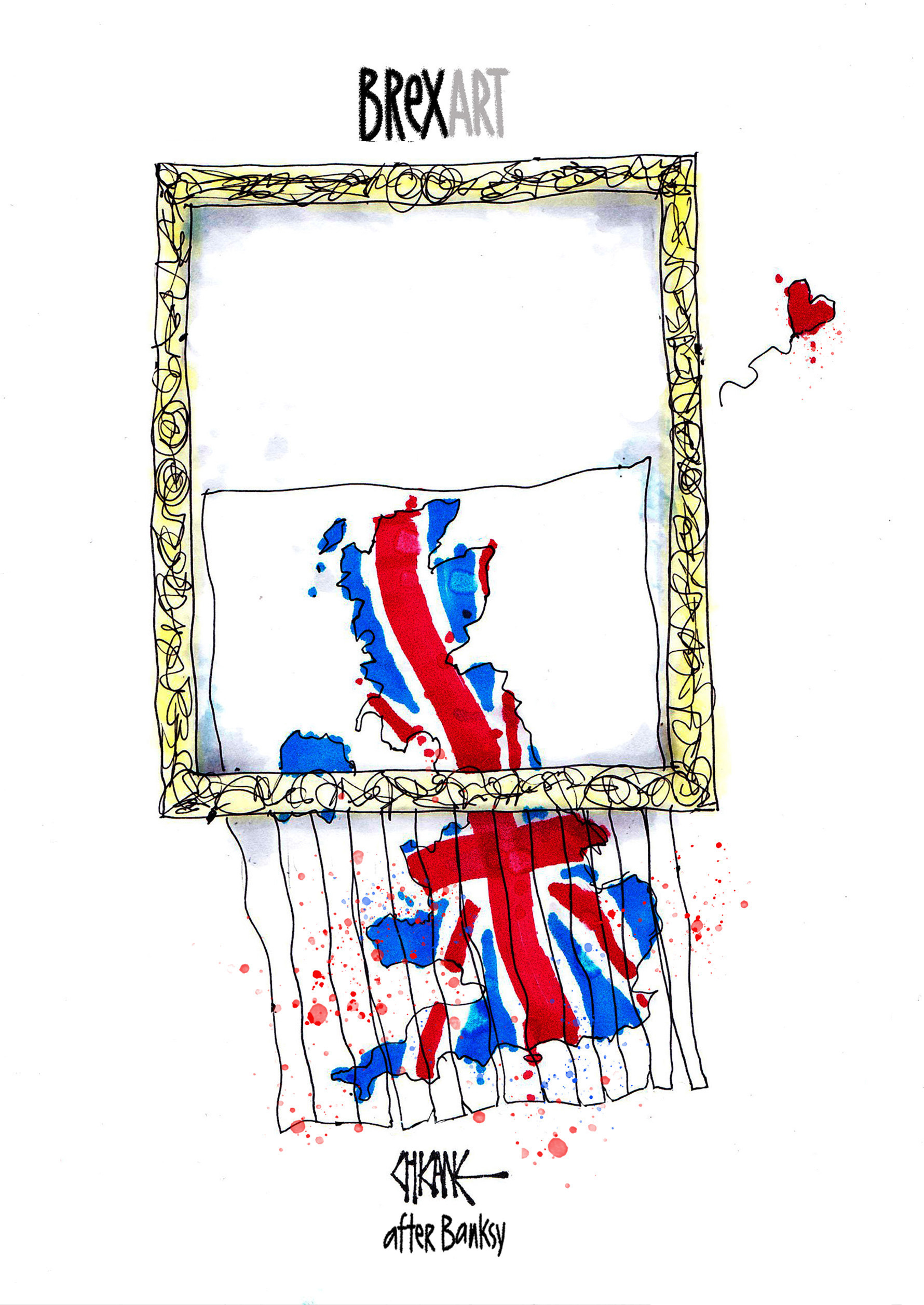 Brexart. A map of the UK is shredded through a frame. Cartoon by Chicane (after Banksy)