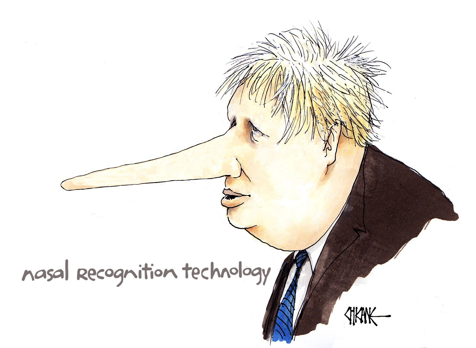 Boris Johnson caricature with a very long nose. Cartoon by Chicane.