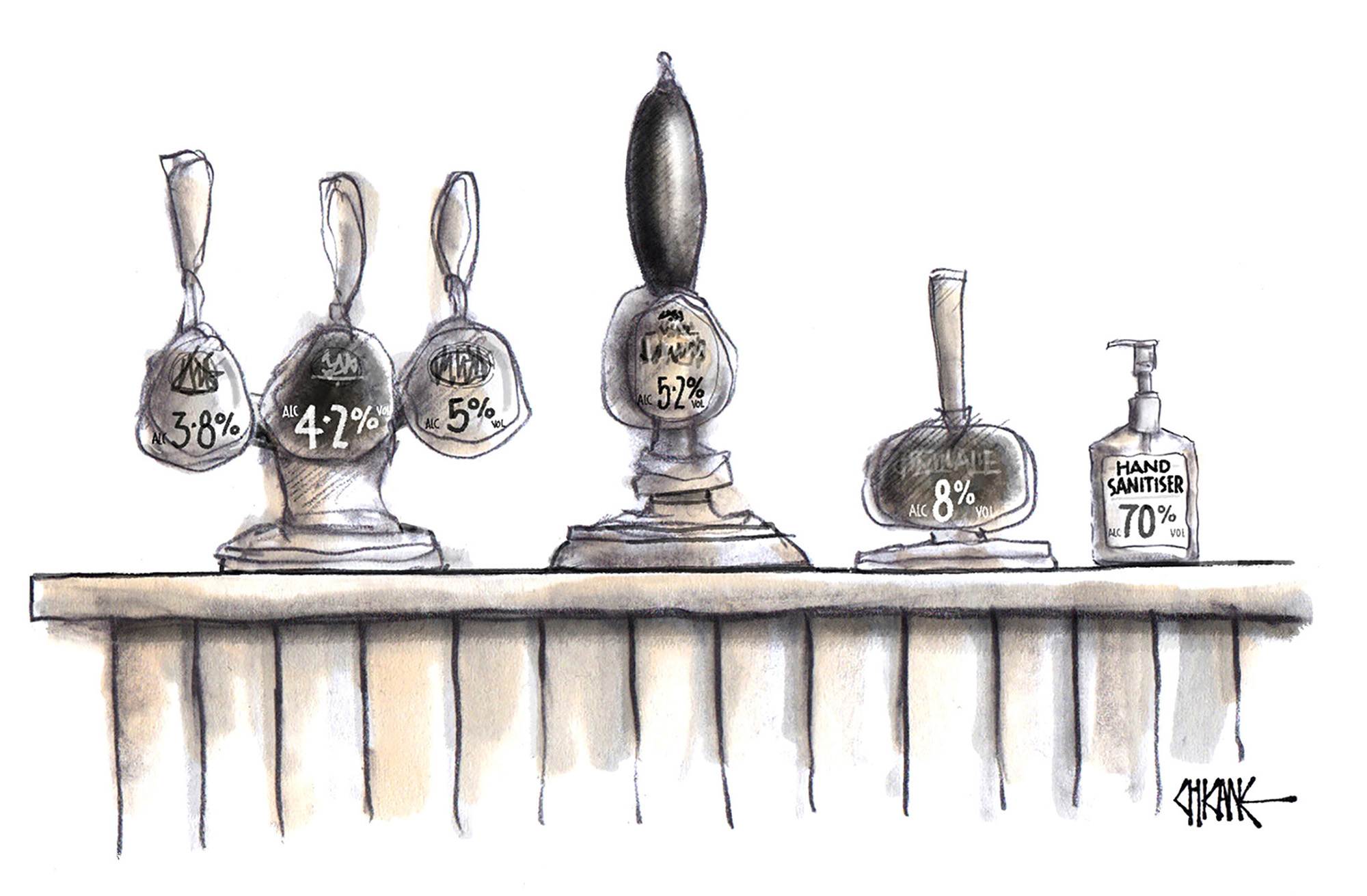 Alcohol on tap including hand sanitiser cartoon by Chicane